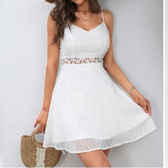 Boho Guipure Lace Insert Dot Cami Dress White - Picture 1 of 10